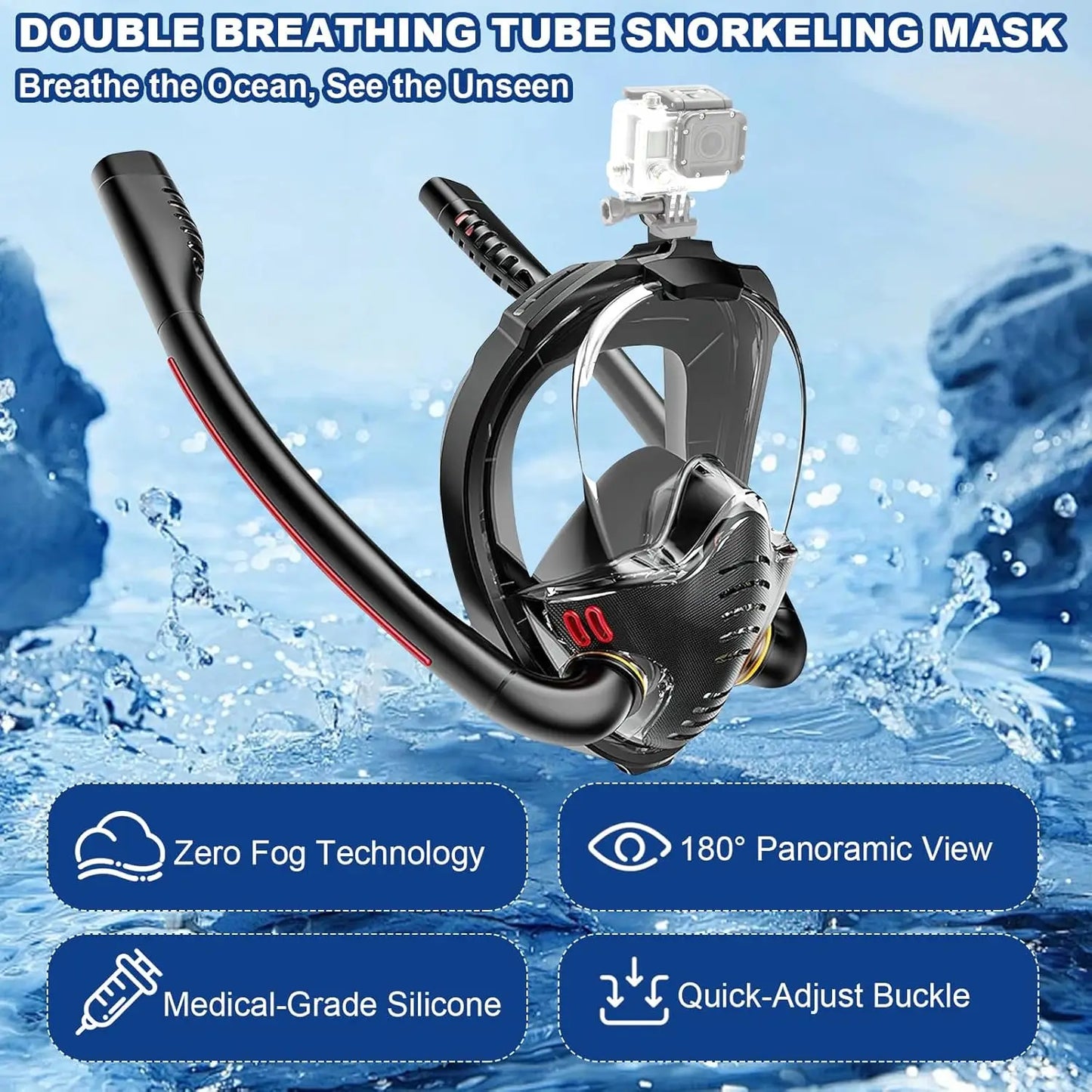 Adults Full Face Black Snorkel Mask Double Tubes Breathing Mode 180° Panoramic Anti-Fog Diving Mask Leak-Proof Silicone for Swim