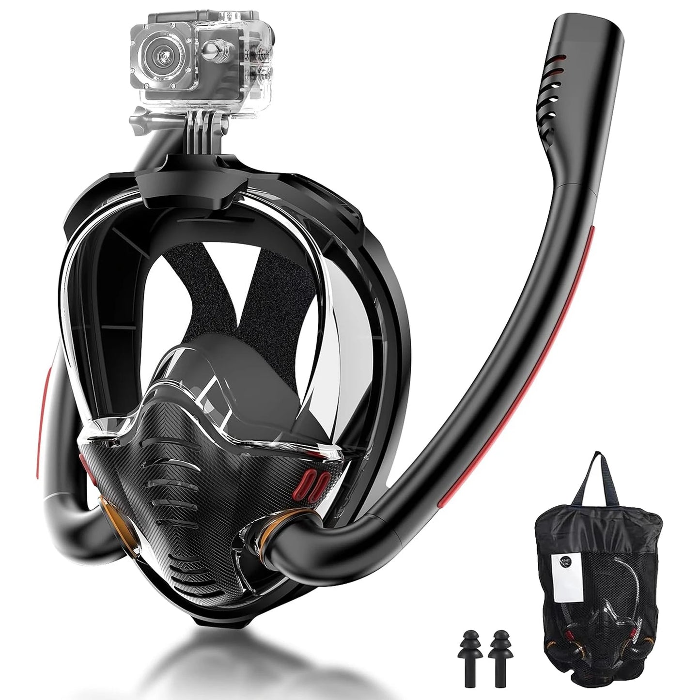 Adults Full Face Black Snorkel Mask Double Tubes Breathing Mode 180° Panoramic Anti-Fog Diving Mask Leak-Proof Silicone for Swim