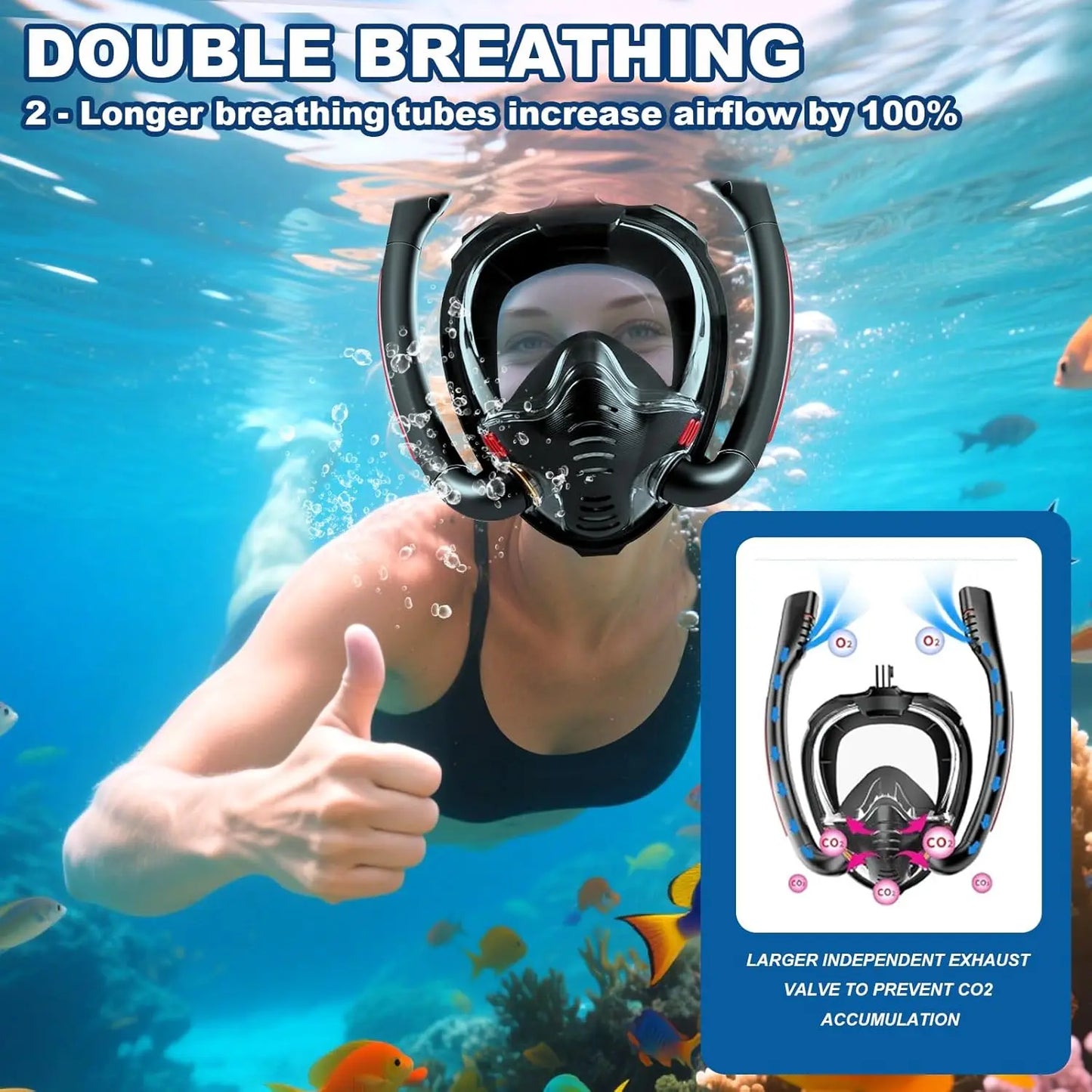 Adults Full Face Black Snorkel Mask Double Tubes Breathing Mode 180° Panoramic Anti-Fog Diving Mask Leak-Proof Silicone for Swim
