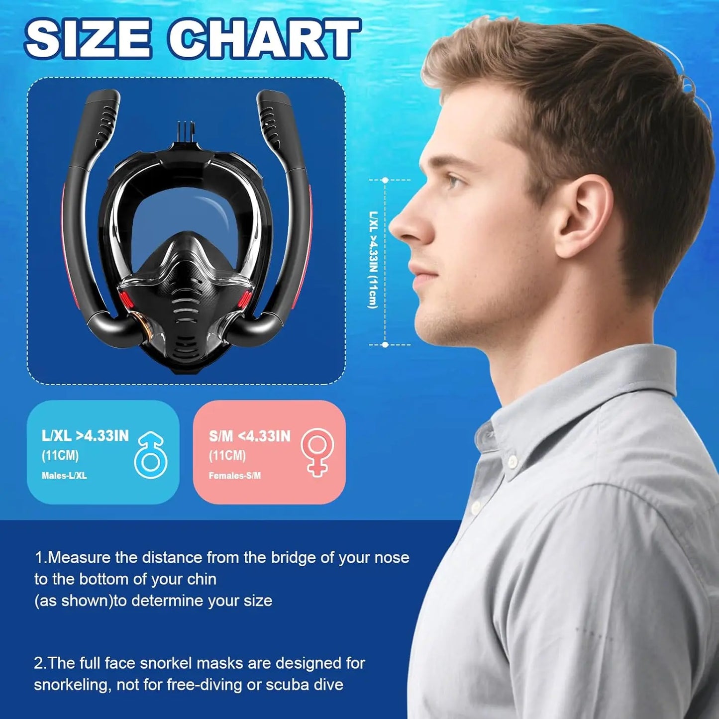 Adults Full Face Black Snorkel Mask Double Tubes Breathing Mode 180° Panoramic Anti-Fog Diving Mask Leak-Proof Silicone for Swim