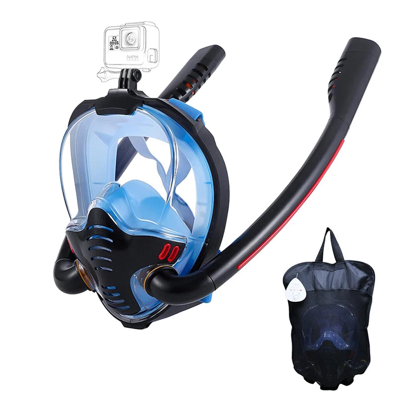 Adults Full Face Black Snorkel Mask Double Tubes Breathing Mode 180° Panoramic Anti-Fog Diving Mask Leak-Proof Silicone for Swim