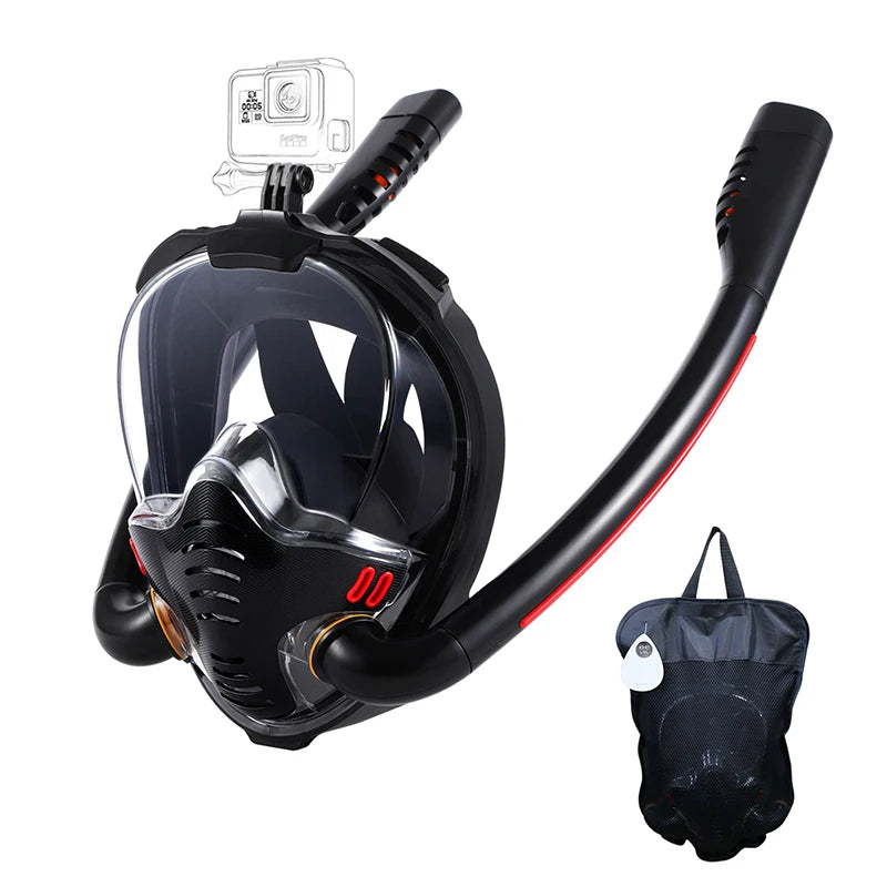 Adults Full Face Black Snorkel Mask Double Tubes Breathing Mode 180° Panoramic Anti-Fog Diving Mask Leak-Proof Silicone for Swim