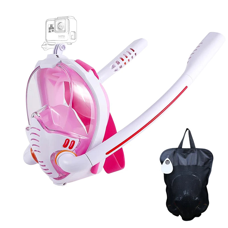 Adults Full Face Black Snorkel Mask Double Tubes Breathing Mode 180° Panoramic Anti-Fog Diving Mask Leak-Proof Silicone for Swim