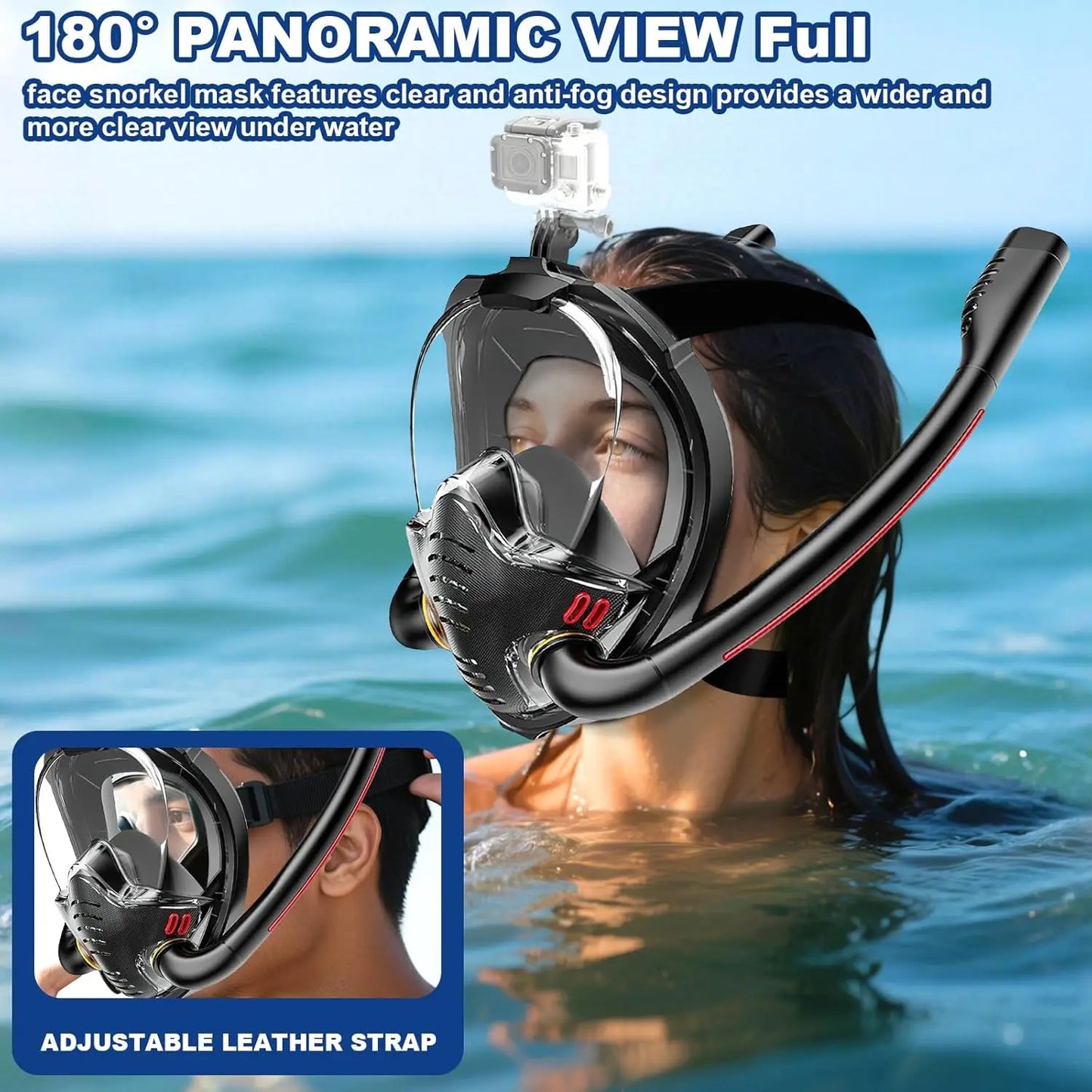 Adults Full Face Black Snorkel Mask Double Tubes Breathing Mode 180° Panoramic Anti-Fog Diving Mask Leak-Proof Silicone for Swim