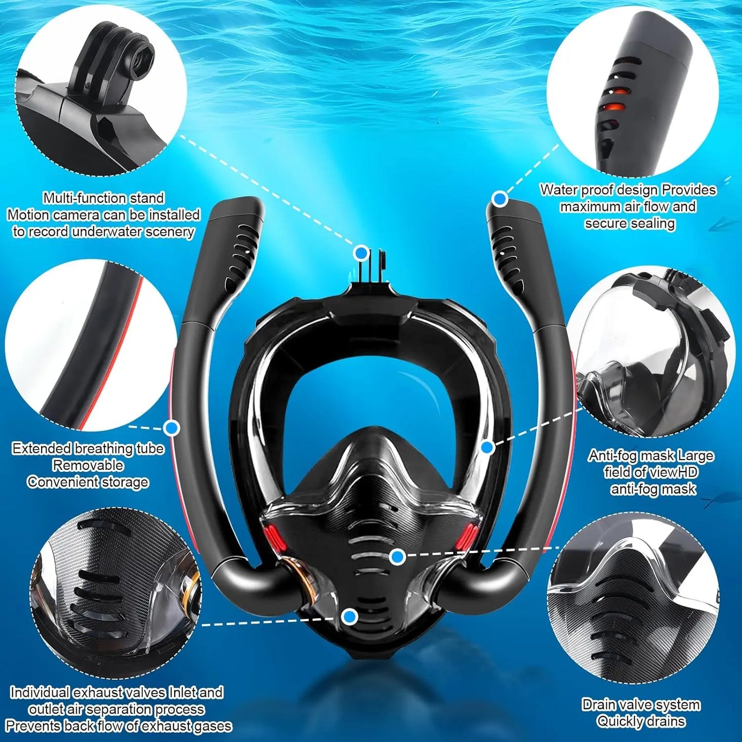 Adults Full Face Black Snorkel Mask Double Tubes Breathing Mode 180° Panoramic Anti-Fog Diving Mask Leak-Proof Silicone for Swim