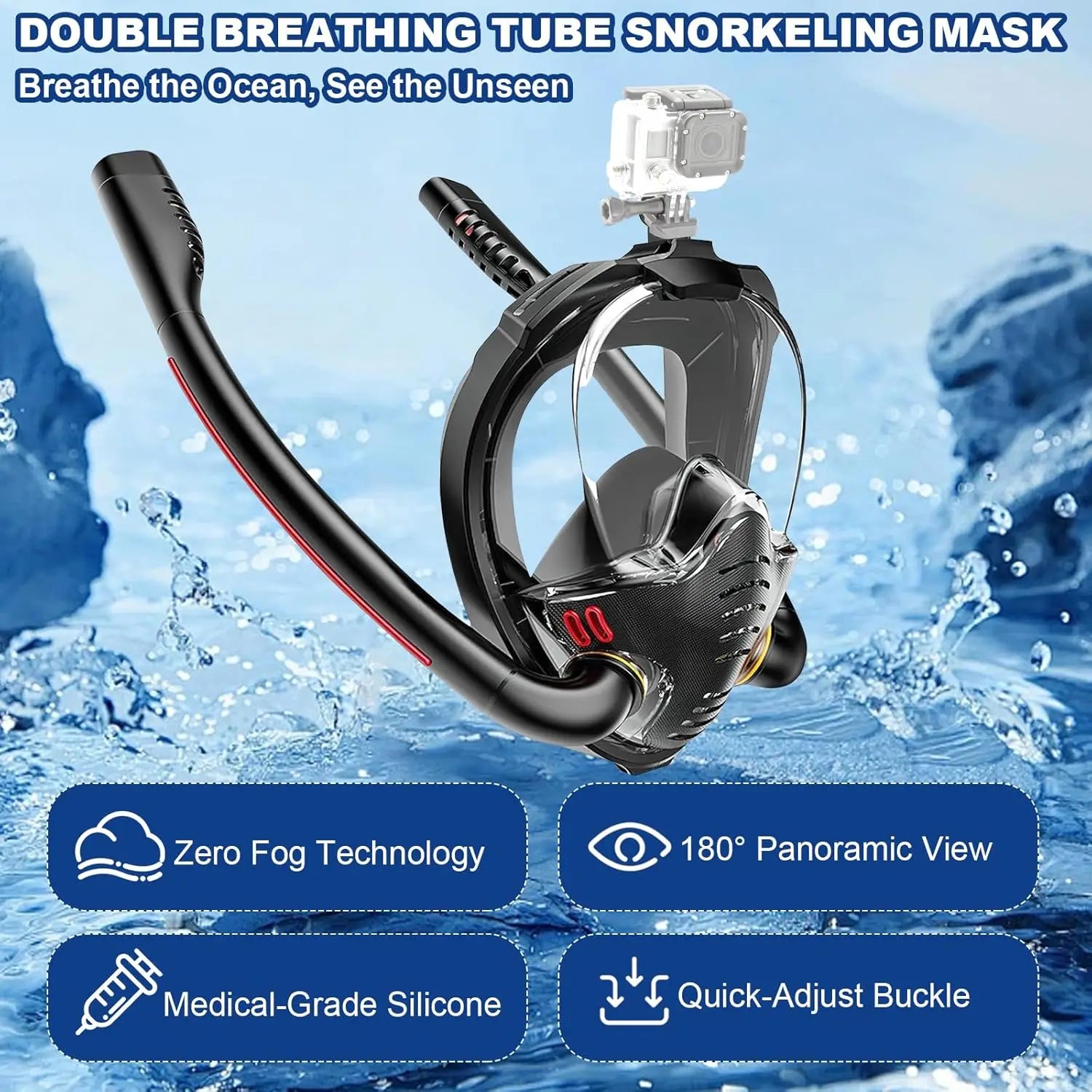 Adults Full Face Black Snorkel Mask Double Tubes Breathing Mode 180° Panoramic Anti-Fog Diving Mask Leak-Proof Silicone for Swim