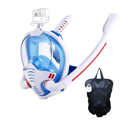 Adults Full Face Black Snorkel Mask Double Tubes Breathing Mode 180° Panoramic Anti-Fog Diving Mask Leak-Proof Silicone for Swim
