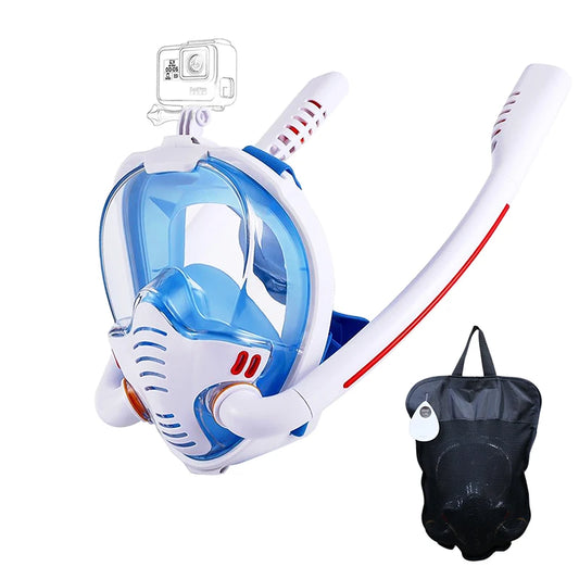 Adults Full Face Black Snorkel Mask Double Tubes Breathing Mode 180° Panoramic Anti-Fog Diving Mask Leak-Proof Silicone for Swim